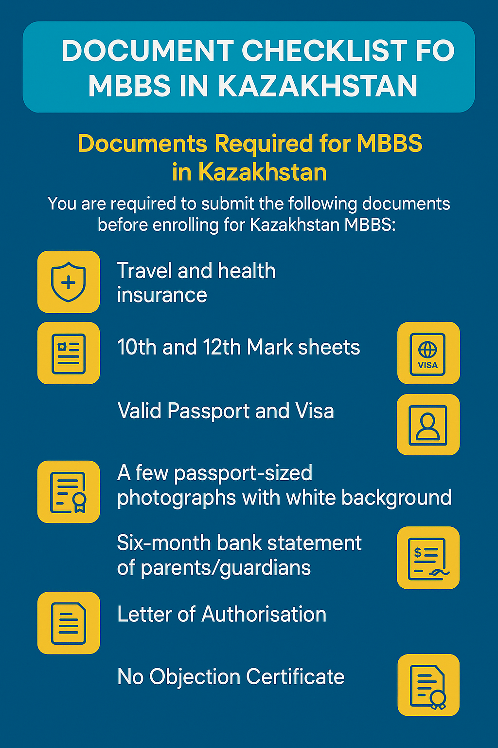 Document Checklist for MBBS Admission in Kazakhstan